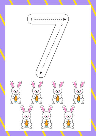 Flashcard for learning numbers with cute Easter bunnies. How to write number seven.のイラスト素材