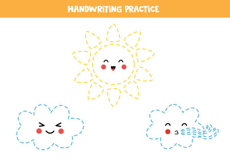 Tracing contours of cute sun and clouds. handwriting practice.のイラスト素材