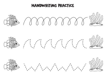 Tracing lines for kids with cute lionfish and seaweed. Black and white worksheet.のイラスト素材