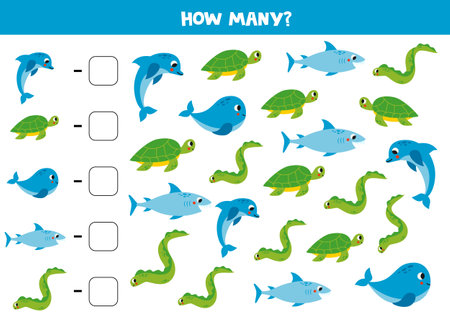 Count all sea animals and write the number into box. Math game for kids.のイラスト素材