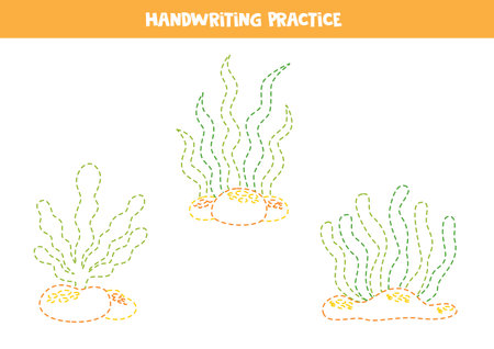 Tracing lines for kids. cartoon seaweeds. Handwriting practice for children.のイラスト素材
