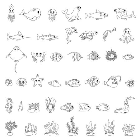Set of cute black and white sea animals in cartoon style on white background.のイラスト素材