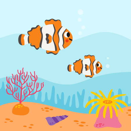Vector picture of cute clownfish underwater. colorful seascape.のイラスト素材