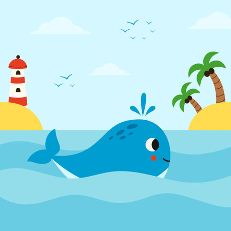 Vector picture of cute blue whale swimming in the sea. cartoon seascape.のイラスト素材