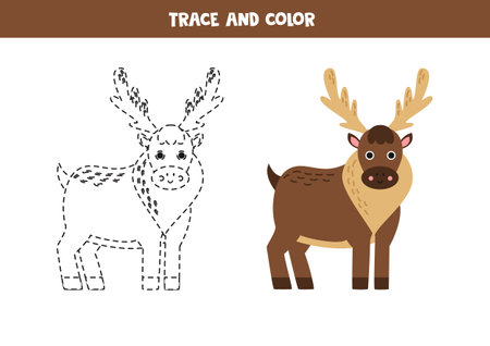 Trace and color cute cartoon moose. Worksheet for kids.のイラスト素材