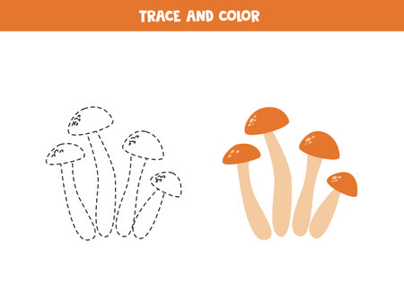 Trace and color cute cartoon mushrooms. Worksheet for kids.のイラスト素材