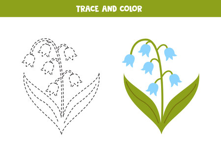 Trace and color cute cartoon bluebell flower. Worksheet for kids.のイラスト素材