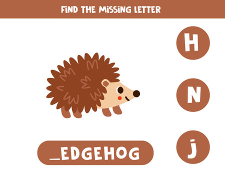 Find missing letter. Cute cartoon hedgehog. Educational spelling game for kids.のイラスト素材