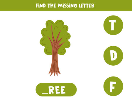 Find missing letter. Cute cartoon tree. Educational spelling game for kids.のイラスト素材