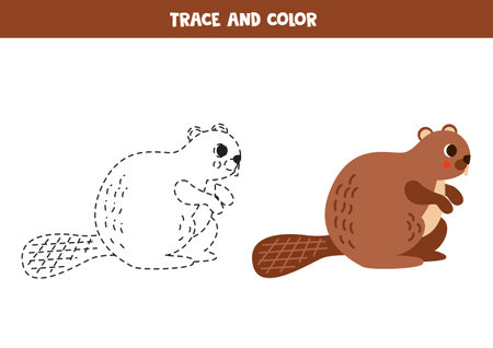 Trace and color cute cartoon beaver. Worksheet for kids.のイラスト素材