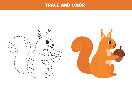 Trace and color cute cartoon squirrel. Worksheet for kids.のイラスト素材
