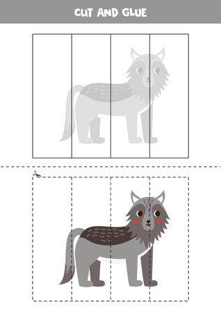 Cut and glue game for kids with cute cartoon wolf. Cutting practice for preschoolers.のイラスト素材