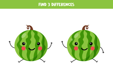 Find three differences between two pictures of cute kawaii watermelons. Vector picture of cute watermelons.のイラスト素材