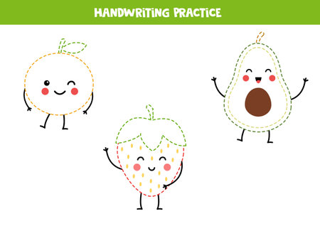 Handwriting practice with cute kawaii fruits. Tracing lines for preschoolers. Educational game for kids.のイラスト素材
