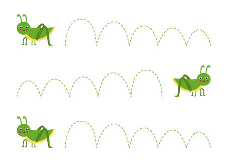 Handwriting practice with cute grasshoppers. Tracing lines for preschoolers. Educational game for kids.のイラスト素材
