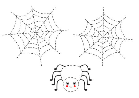 Handwriting practice with cute spiders. Tracing lines for preschoolers. Educational game for kids.のイラスト素材
