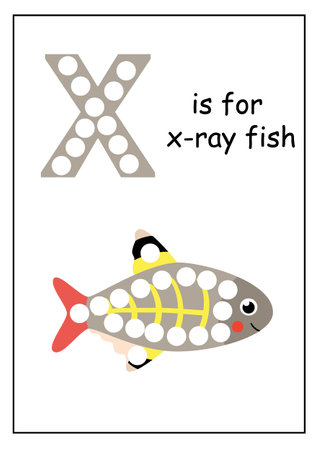 Dot a dot alphabet letters for kids. Learning letter X. X is for xray fish. colorful worksheet.のイラスト素材