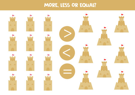 More, less or equal with cartoon sand castles. Comparison game for kids.のイラスト素材