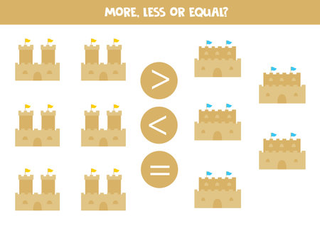 More, less or equal with cartoon sand castles. Comparison game for kids.のイラスト素材