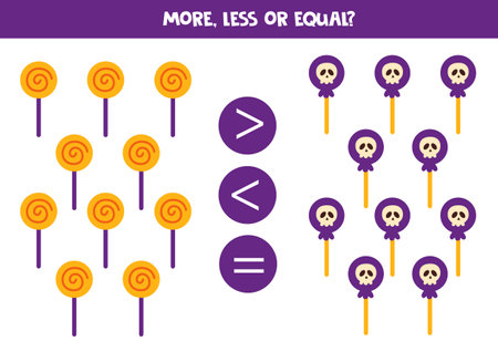 More, less or equal with cartoon halloween lollipops. Comparison game for kids.のイラスト素材