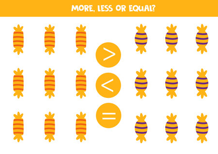 More, less or equal with Halloween candies. Comparison game for kids.のイラスト素材