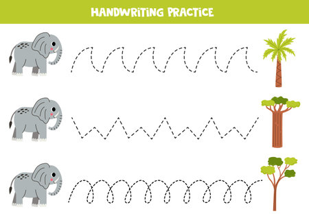Handwriting practice with cute elephant. Tracing lines for preschoolers. Educational game for kids.のイラスト素材