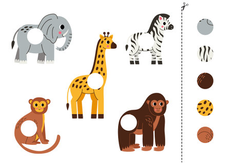 Cut and glue game for kids with African animals. Cutting practice for preschoolers.のイラスト素材