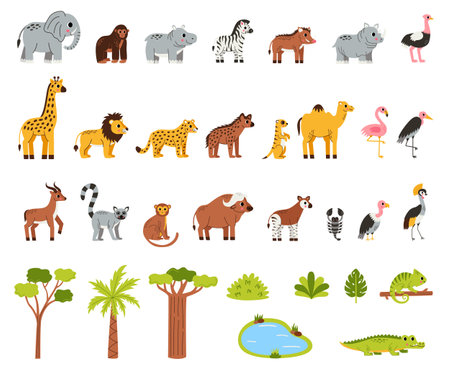 Set of cute African animals in cartoon style on white background.のイラスト素材