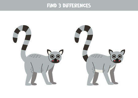 Find three differences between two pictures of cute lemurs. educational worksheet.のイラスト素材