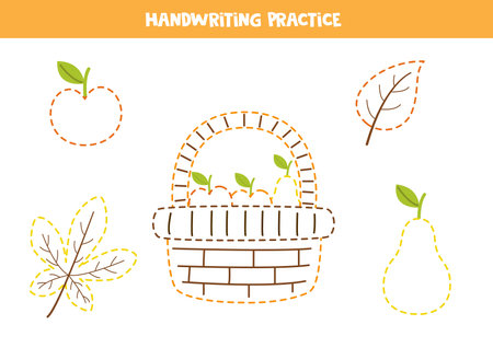 Tracing lines for kids. Autumn basket with fruits. Handwriting practice for children.のイラスト素材