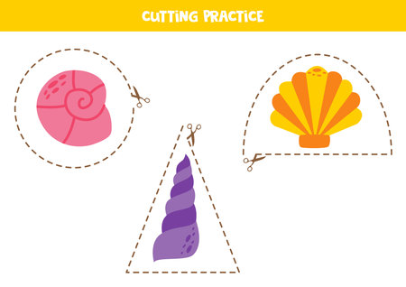 Cutting practice for preschoolers. Cut out cute seashells.のイラスト素材