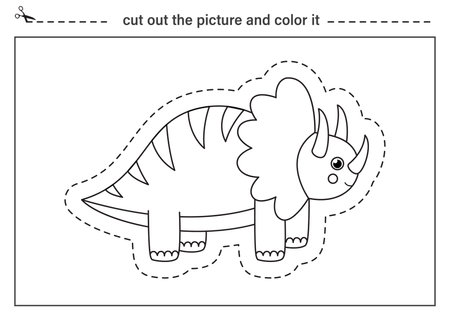 Cut out cute dinosaur and color it. Black and white worksheet for kids. Cutting practice for preschoolers.のイラスト素材