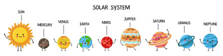 Cute kawaii vector illustration of solar system with names. Funny scheme for kids.のイラスト素材