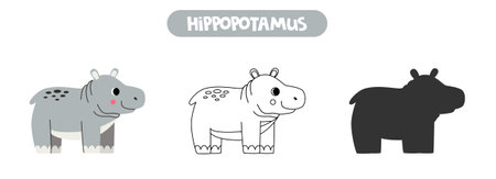 Vector illustration of cute cartoon hippopotamus. Coloring page. Vector silhouette.のイラスト素材