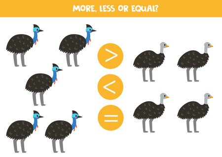 More, less or equal with cute Australian birds. Comparison game for children.のイラスト素材