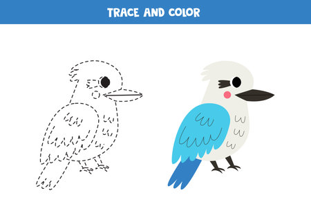 Trace and color cute cartoon kookaburra. Worksheet for kids.のイラスト素材