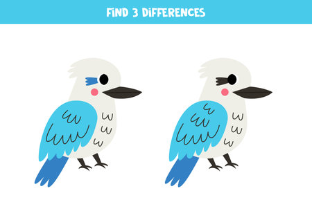 Find three differences between two pictures of cute kookaburras.のイラスト素材