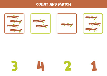 Counting game for kids. Count all tree branches and match with numbers. Worksheet for children.のイラスト素材