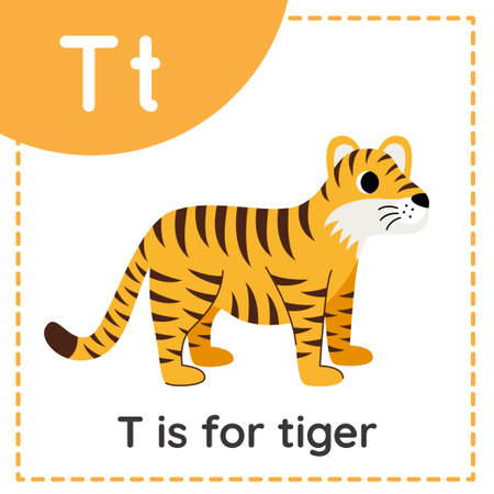 Animal alphabet flashcard for children. Learning letter T. t is for tiger.のイラスト素材