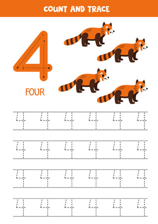 Trace numbers. Number 4 four. Cute cartoon red pandas.のイラスト素材