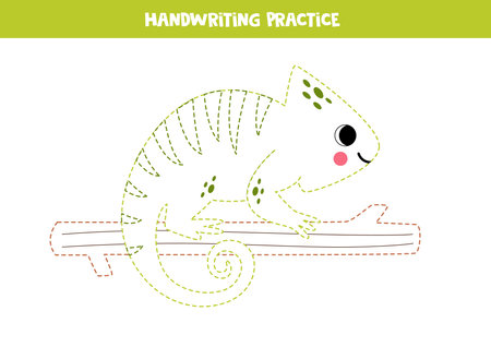 Tracing contours of cute green chameleon. Handwriting practice.のイラスト素材