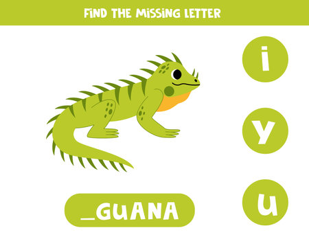 Find missing letter. Cute cartoon iguana. Educational spelling game for kids.のイラスト素材