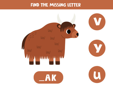 Find missing letter. Cute cartoon yak. Educational spelling game for kids.のイラスト素材
