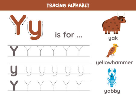 Tracing all letters of English alphabet. Preschool activity for kids. Writing uppercase and lowercase letter y. Printable worksheet. Cute illustration of yak, yabby, yellowhammer.のイラスト素材