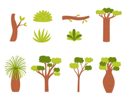 Vector set of trees and bushes in cartoon hand drawn style.のイラスト素材