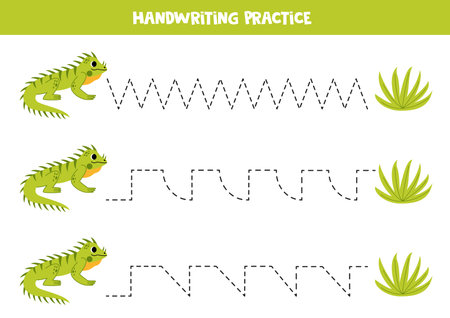 Tracing lines for kids. Cute cartoon iguana and green bush. Handwriting practice for children.のイラスト素材
