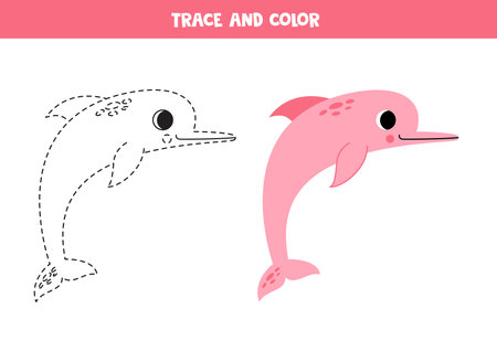 Trace and color cute cartoon pink river dolphin. Worksheet for kids.のイラスト素材