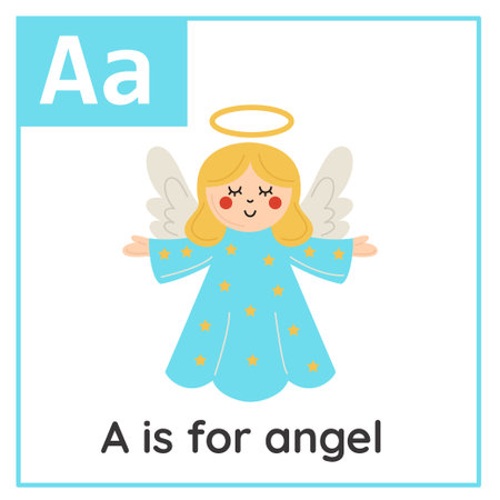 Christmas alphabet flashcard for children. Learning letter A. A is for angel.のイラスト素材