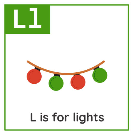 Christmas alphabet flashcard for children. Learning letter l. L is for lights.のイラスト素材