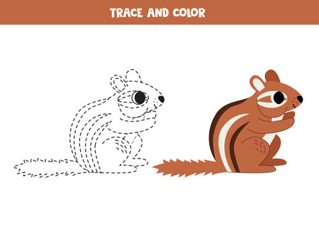 Trace and color cute cartoon brown chipmunk. Worksheet for kids.のイラスト素材